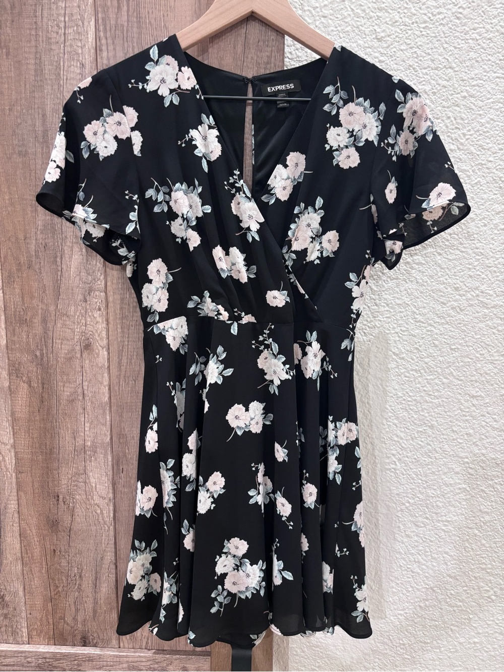 Express Black Floral Wrap Mini Dress - Soft Pink Bloom
